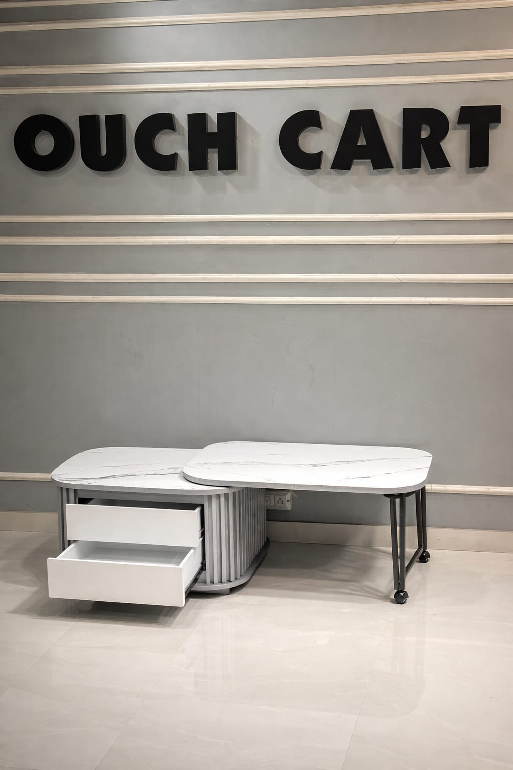 Marble Top Coffee Table in Grey Colour With Rotateable Top & 2 Pouffes