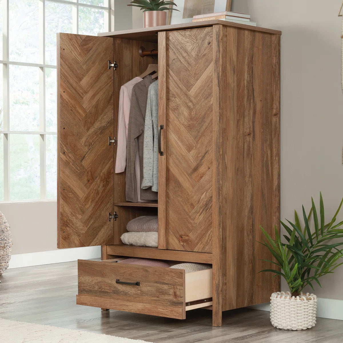 Elegant 2-Door Wooden Armoire Wardrobe with 3 Storage Shelves