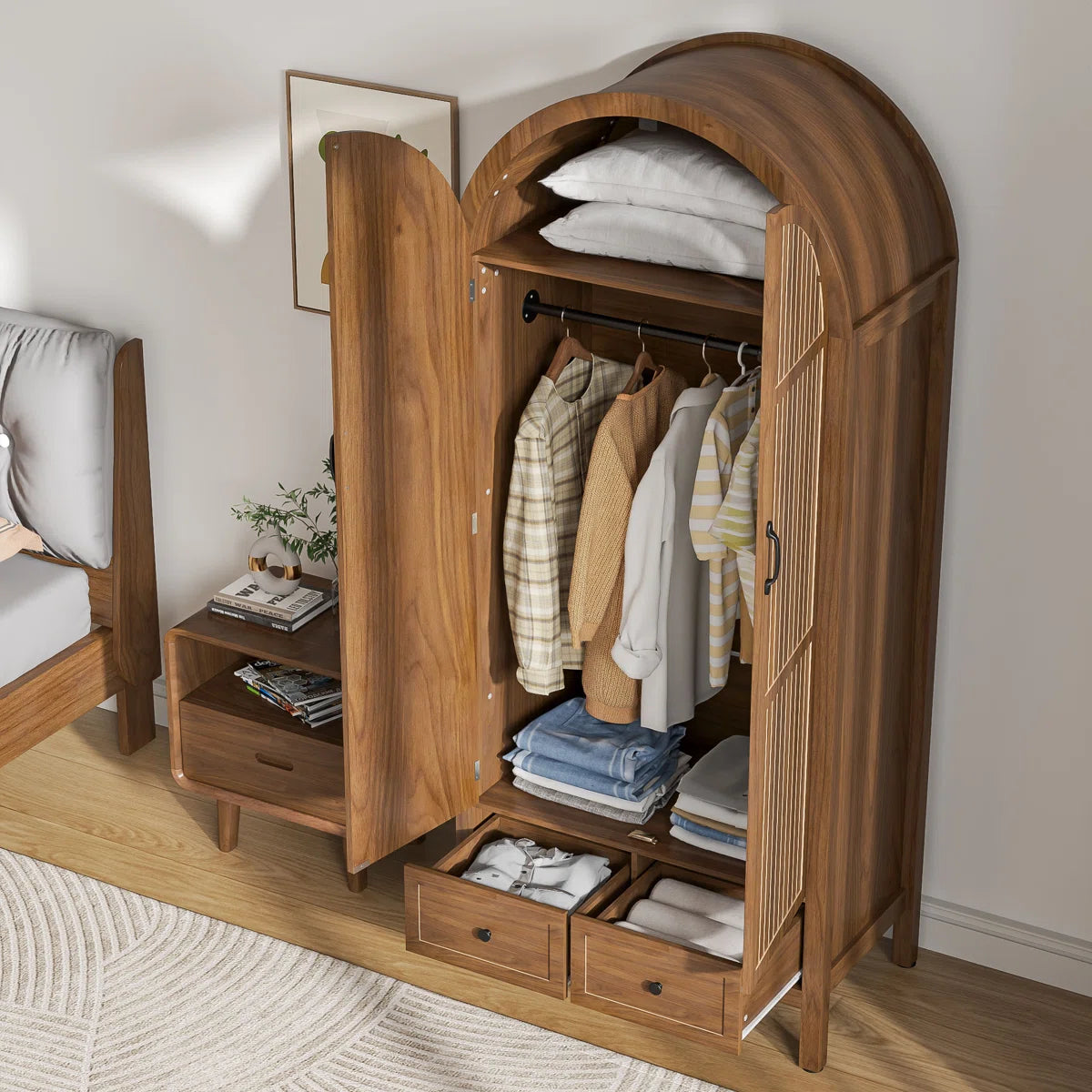 Spacious Armoire Wardrobe Closet with 2 Arched Fluted Doors, Drawers, Shelves, and Hanging Rod
