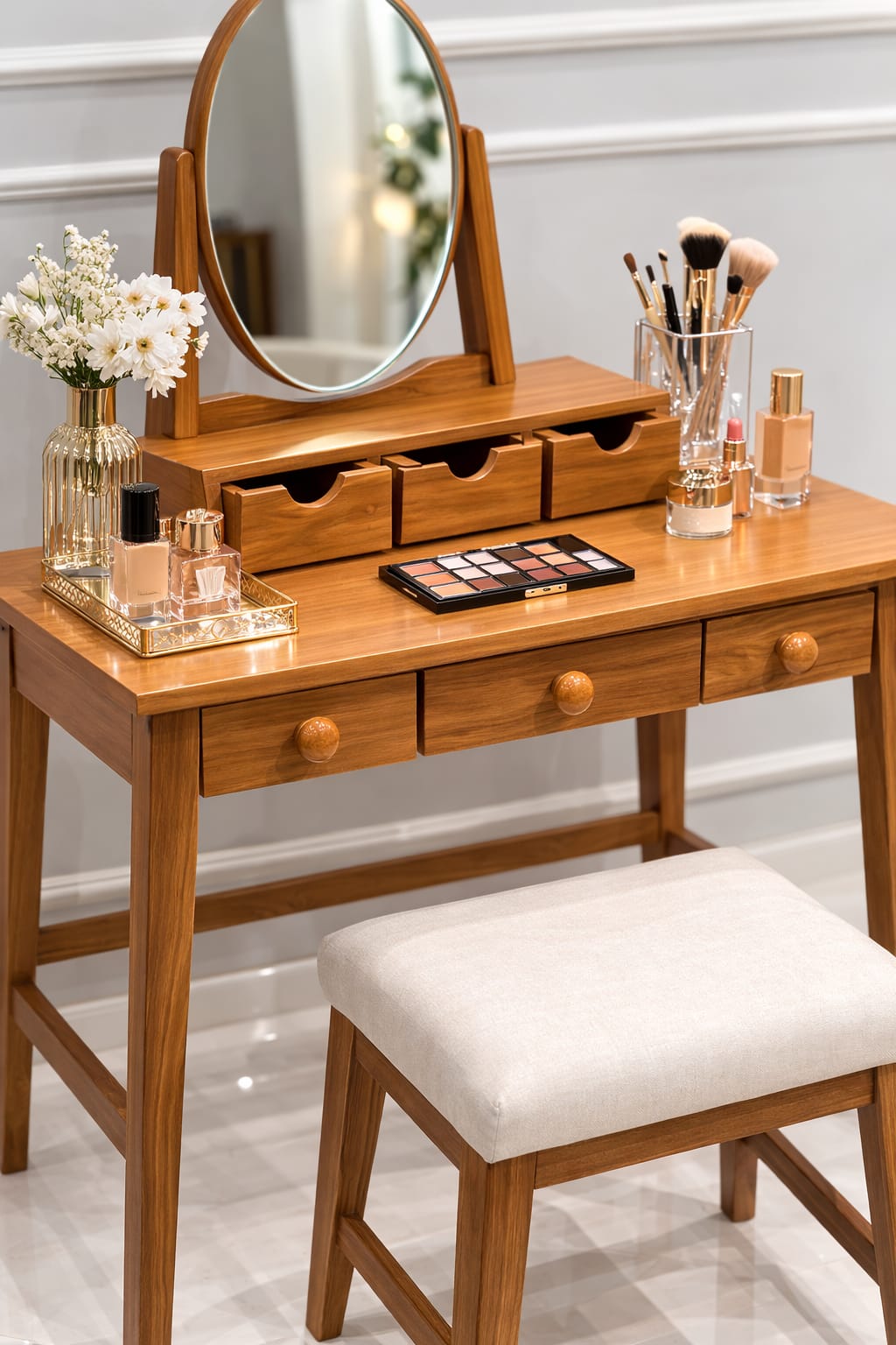 Classic 6-Drawer Vanity Set with Tilt Mirror & Upholstered Stool