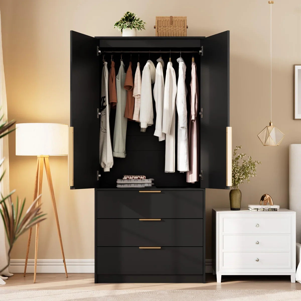69.5 Inch Armoire Wardrobe Closet Wooden Cabinet with 3 Drawers Hanging Rod and Rattan Doors-OUCH CART | Wardrobe 