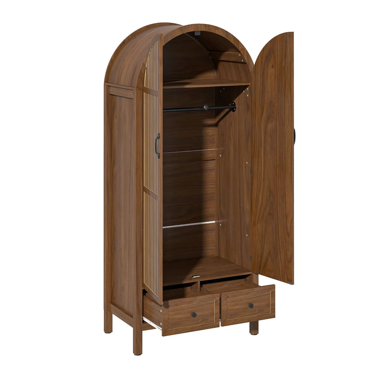 Spacious Armoire Wardrobe Closet with 2 Arched Fluted Doors, Drawers, Shelves, and Hanging Rod