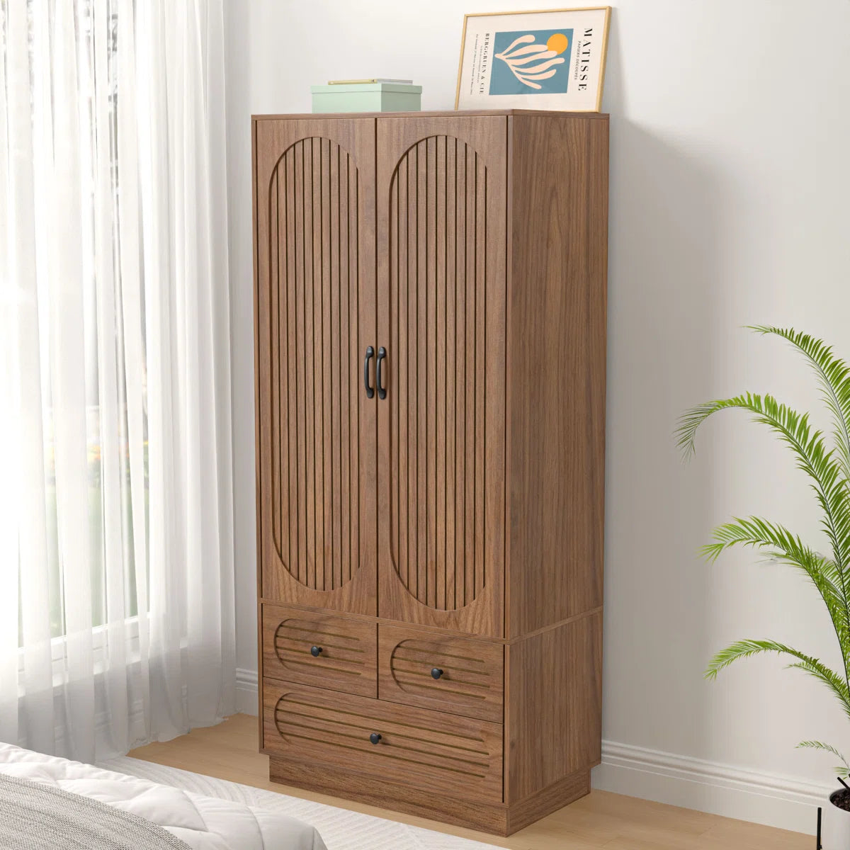 Elegant Armoire Wardrobe Closet with Fluted Doors, 3 Drawers, Shelves and Hanging Rod