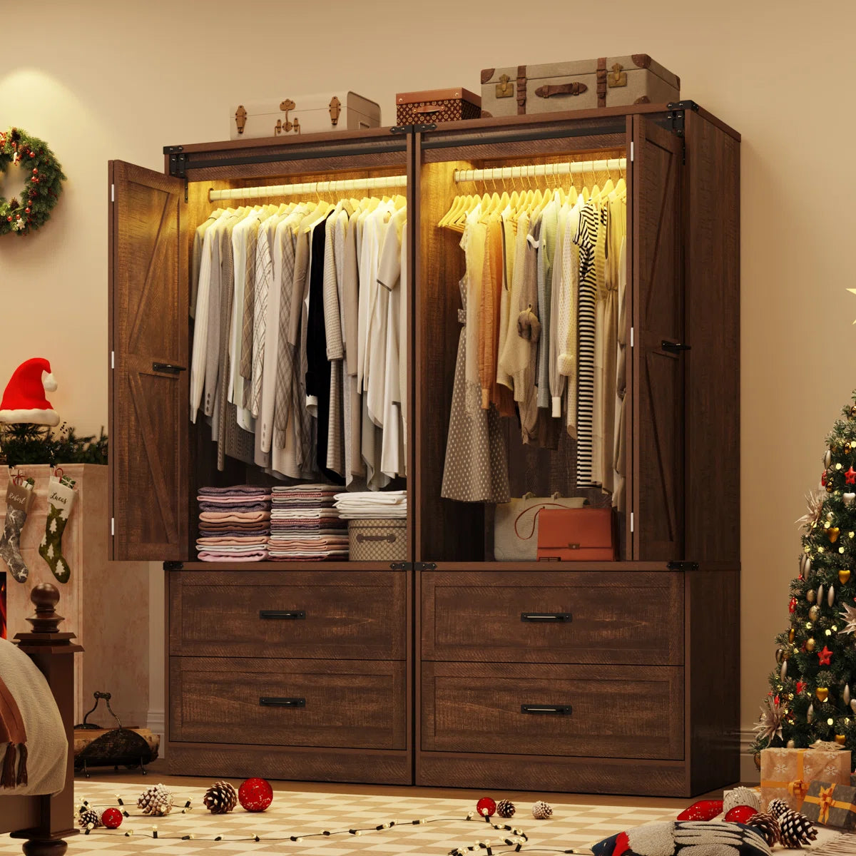 Farmhouse 72.8 Inch Armoire Wardrobe Closet with Sensor Light 2 Drawers and Hanging Rod