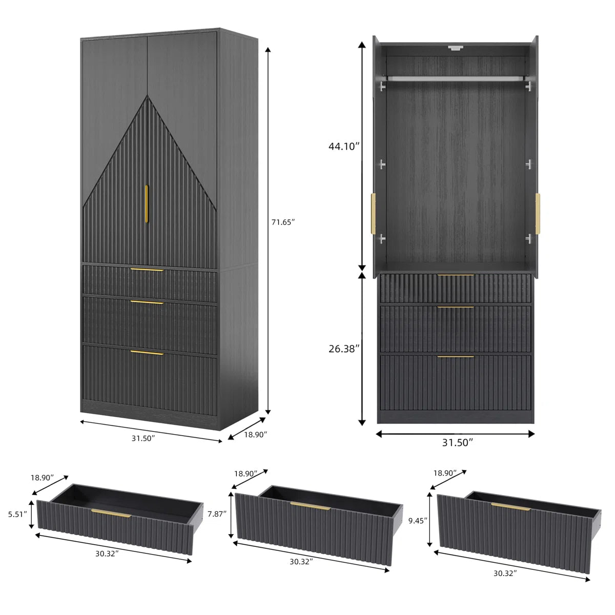 Contemporary 2-Door Solid Wood Wardrobe with Large Drawers and Hidden Storage