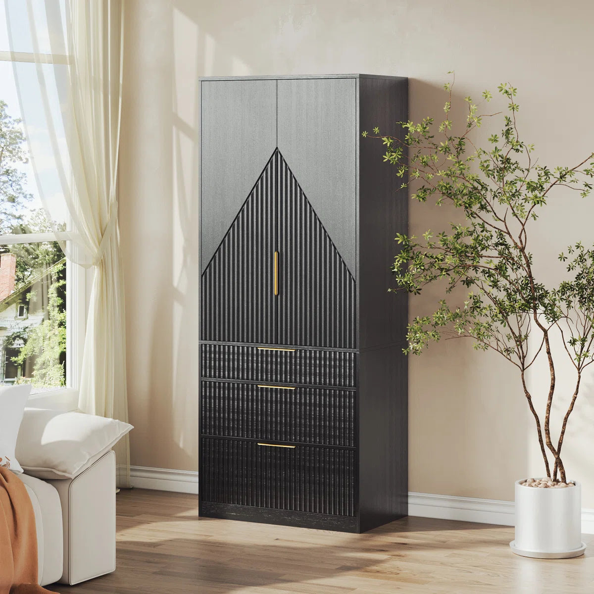 Contemporary 2-Door Solid Wood Wardrobe with Large Drawers and Hidden Storage