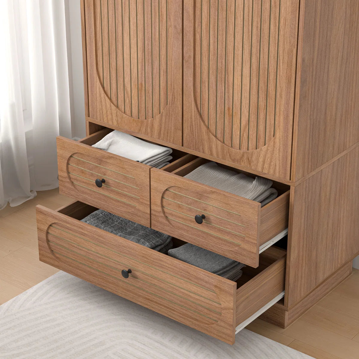 Elegant Armoire Wardrobe Closet with Fluted Doors, 3 Drawers, Shelves and Hanging Rod-OUCH CART | Wardrobe 