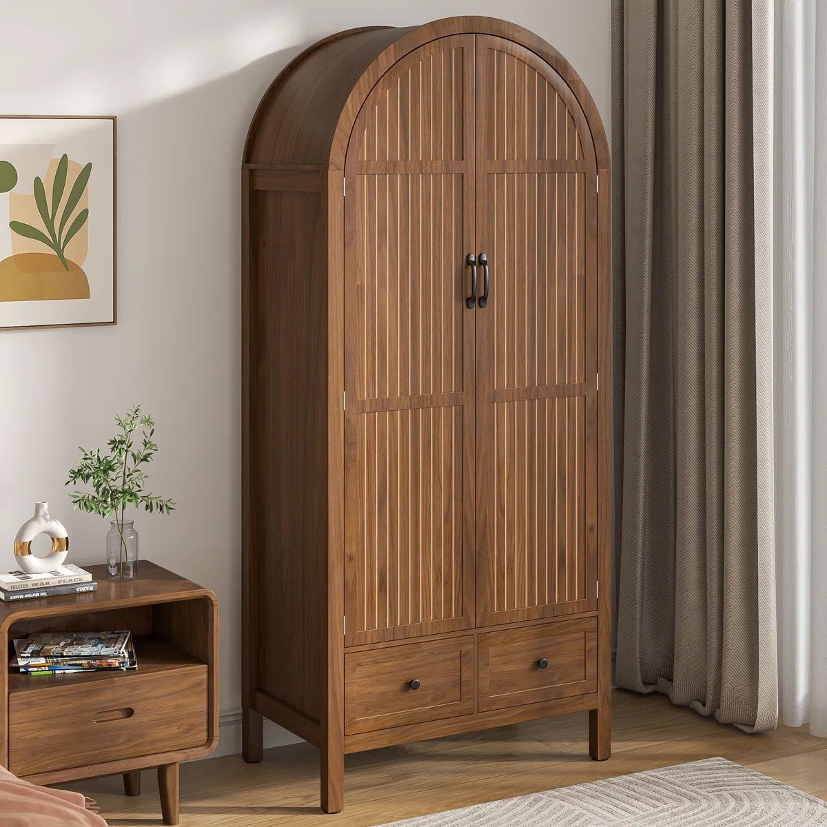 Spacious Armoire Wardrobe Closet with 2 Arched Fluted Doors, Drawers, Shelves, and Hanging Rod-OUCH CART | Wardrobe