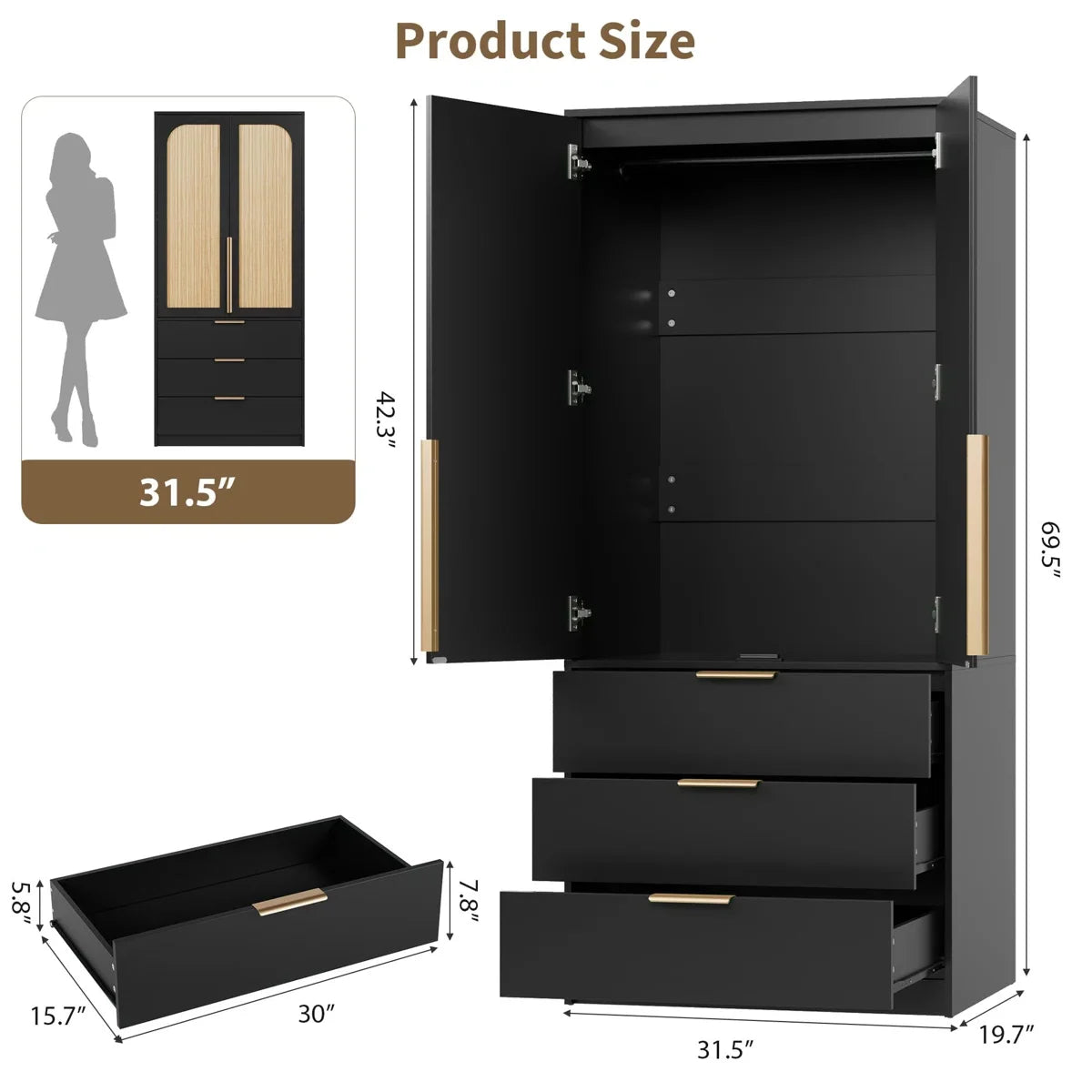 69.5 Inch Armoire Wardrobe Closet Wooden Cabinet with 3 Drawers Hanging Rod and Rattan Doors