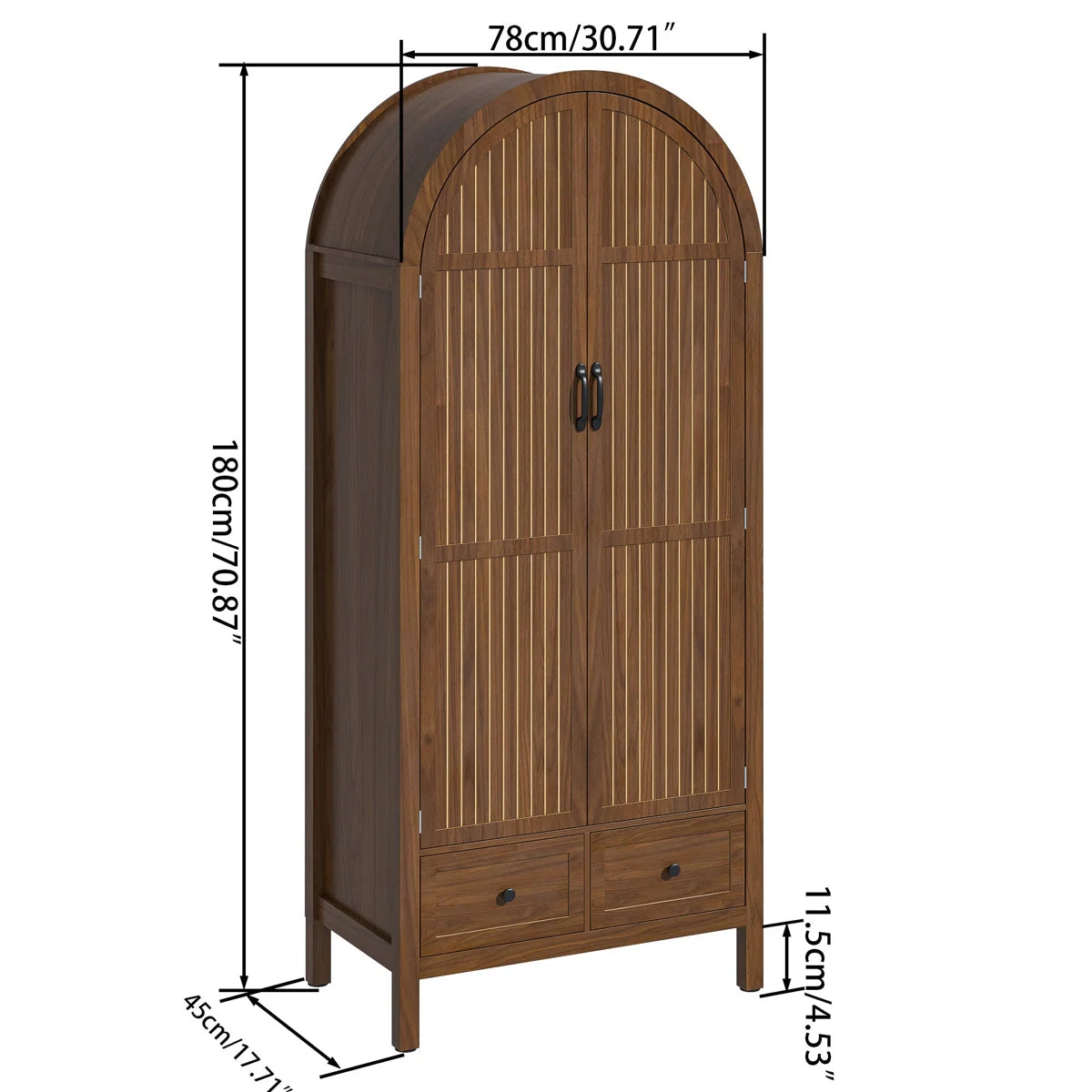 Spacious Armoire Wardrobe Closet with 2 Arched Fluted Doors, Drawers, Shelves, and Hanging Rod