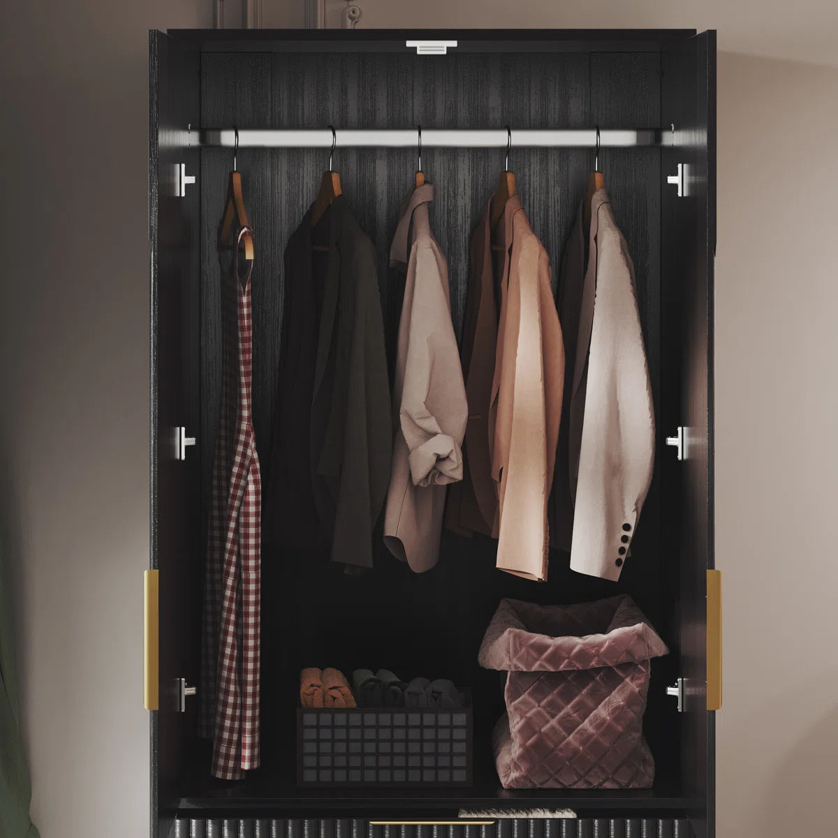 Contemporary 2-Door Solid Wood Wardrobe with Large Drawers and Hidden Storage