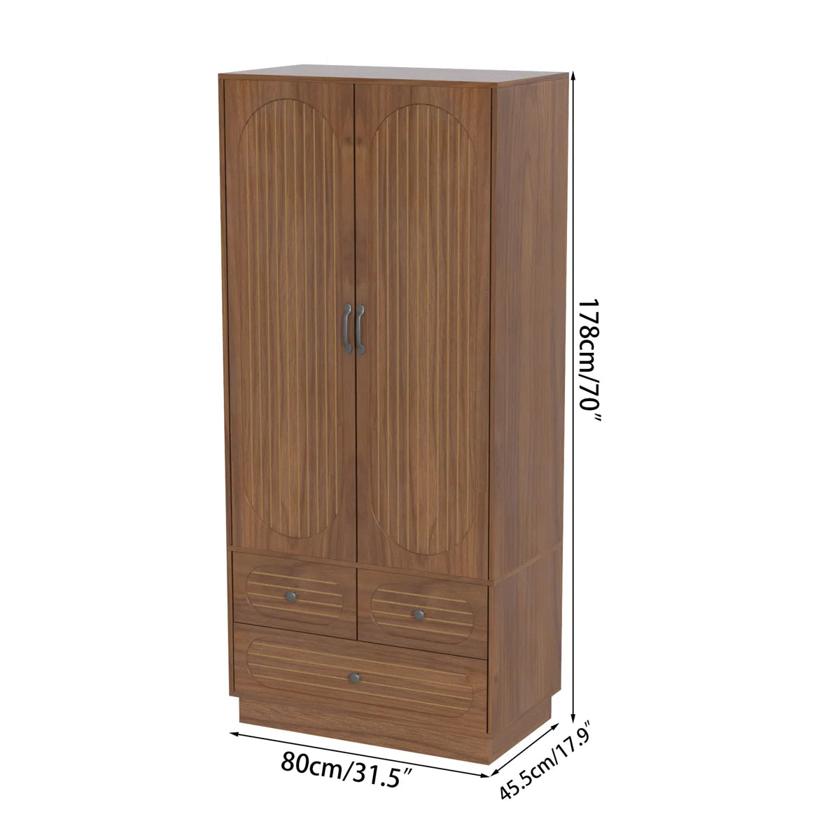 Elegant Armoire Wardrobe Closet with Fluted Doors, 3 Drawers, Shelves and Hanging Rod