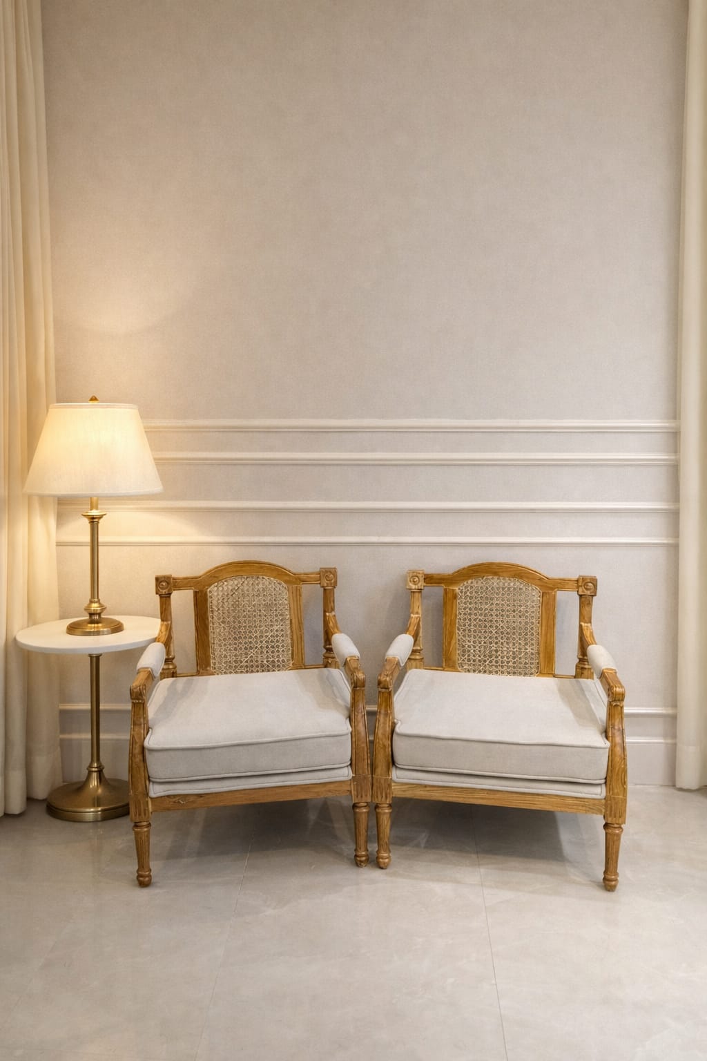 French Style Solid Mahogany Armchair Set of 2 with Rattan Back & Ivory Upholstery | Antique White Washed Accent Chairs