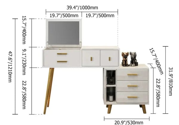Valentina White Makeup Vanity Extendable Dressing Table with Mirror with Stool Vanity Desk, Makeup Vanity with Mirror, White Desk with Drawers, Makeup Vanity Desk, for Bedroom