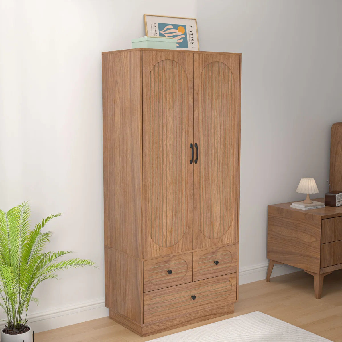 Elegant Armoire Wardrobe Closet with Fluted Doors, 3 Drawers, Shelves and Hanging Rod