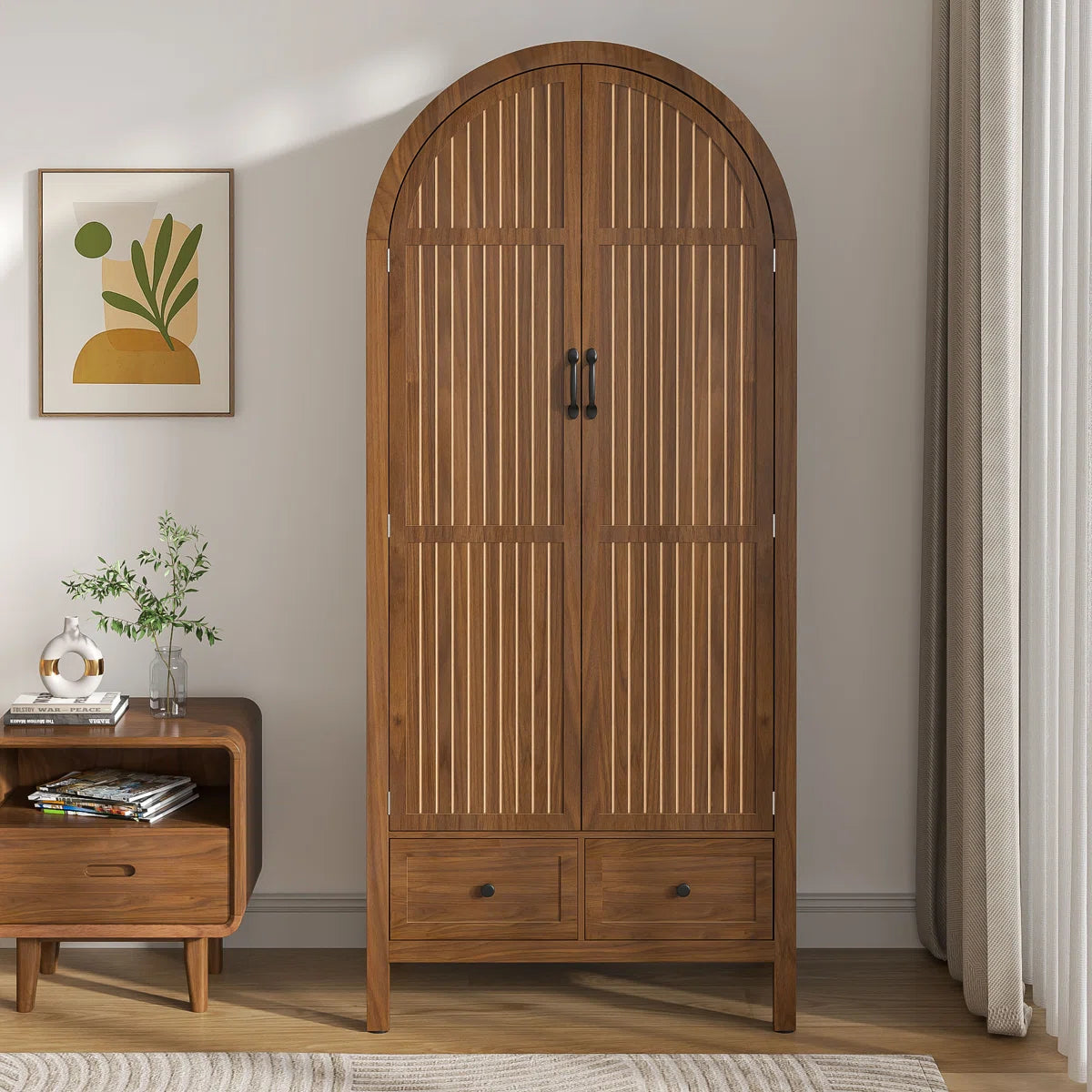 Spacious Armoire Wardrobe Closet with 2 Arched Fluted Doors, Drawers, Shelves, and Hanging Rod