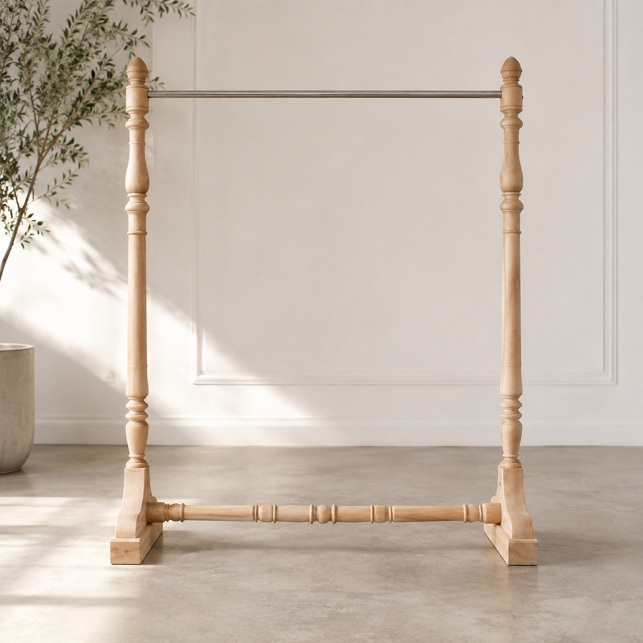 Ouch Cart Wooden Clothes Rack | Freestanding Garment Stand with Hanging Rod for Bedroom