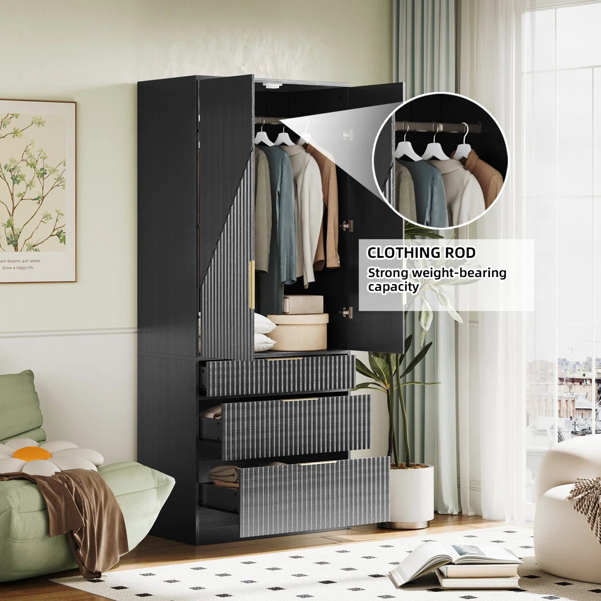 Contemporary 2-Door Solid Wood Wardrobe with Large Drawers and Hidden Storage