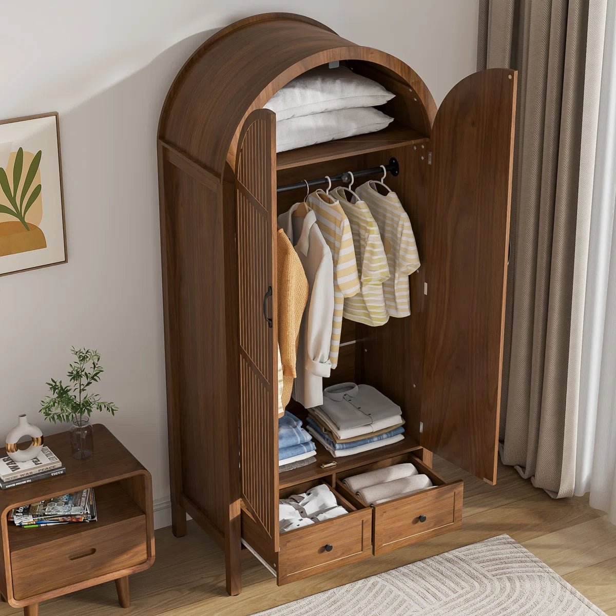 Spacious Armoire Wardrobe Closet with 2 Arched Fluted Doors, Drawers, Shelves, and Hanging Rod