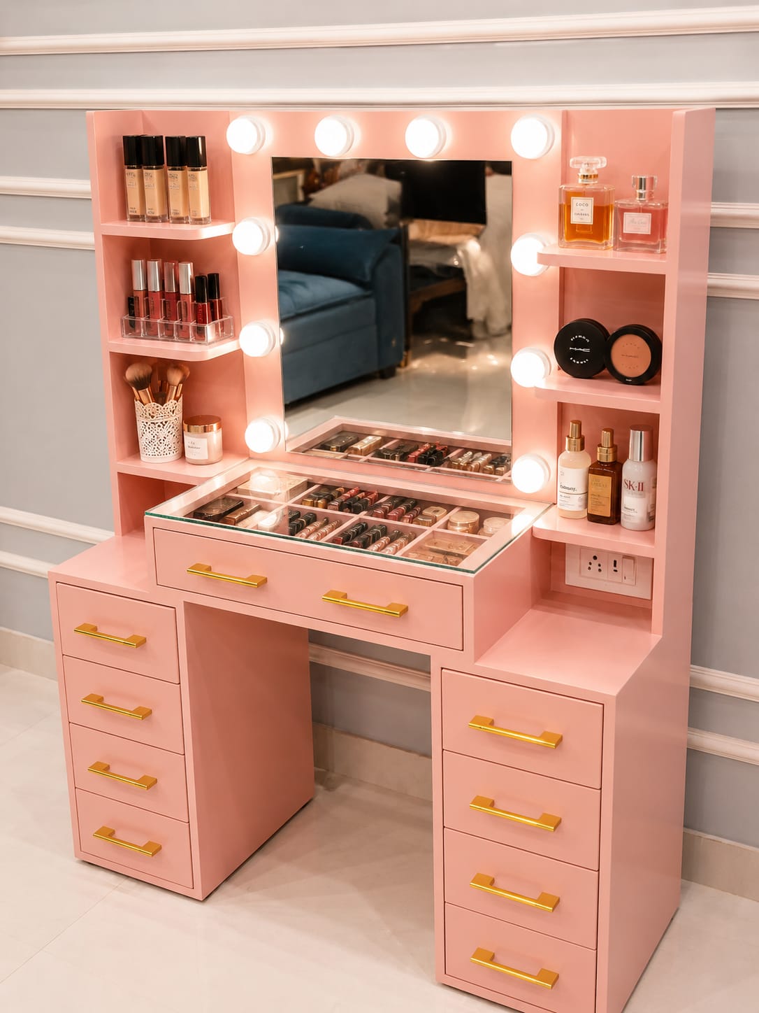 Ouch Cart Modern Pink Dressing Table with Storage Drawers | Premium Makeup Vanity Table for Bedroom | Stylish Wooden Vanity Desk with Shelves & Organizer
