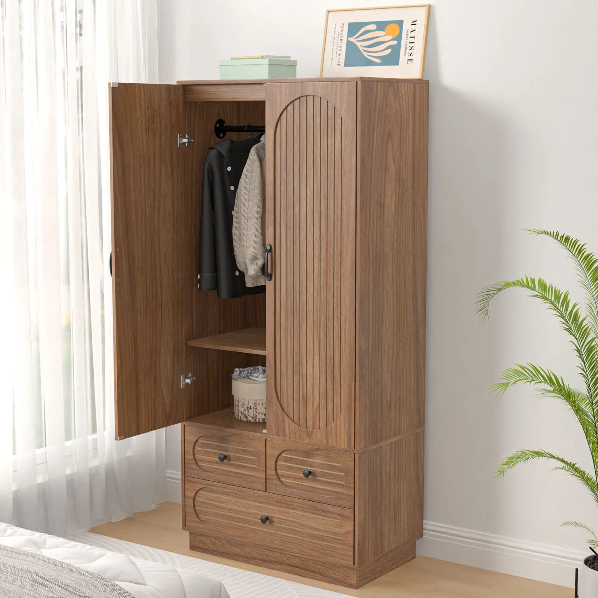 Elegant Armoire Wardrobe Closet with Fluted Doors, 3 Drawers, Shelves and Hanging Rod-OUCH CART | Wardrobe 