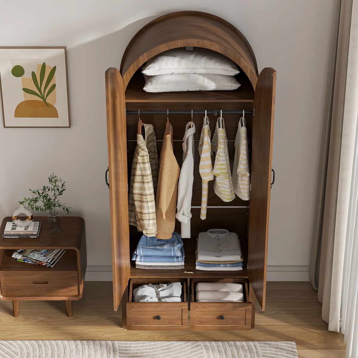 Spacious Armoire Wardrobe Closet with 2 Arched Fluted Doors, Drawers, Shelves, and Hanging Rod-OUCH CART | Wardrobe