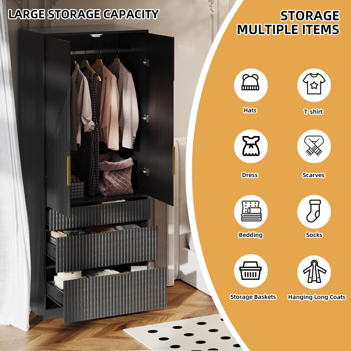 Contemporary 2-Door Solid Wood Wardrobe with Large Drawers and Hidden Storage