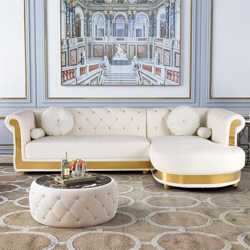 Luxury White L-Shaped Chesterfield Leather Sofa Set with Gold Accents
