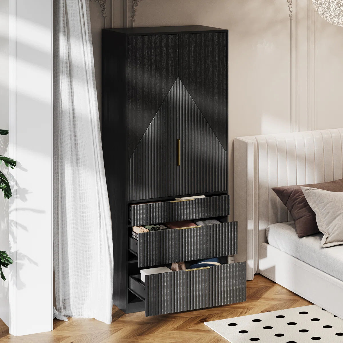 Contemporary 2-Door Solid Wood Wardrobe with Large Drawers and Hidden Storage-OUCH CART | Wardrobe