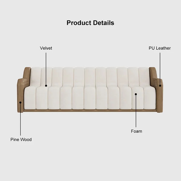 3 Seater Fluted Velvet Upholstered Sofa Walnut Leather Arm