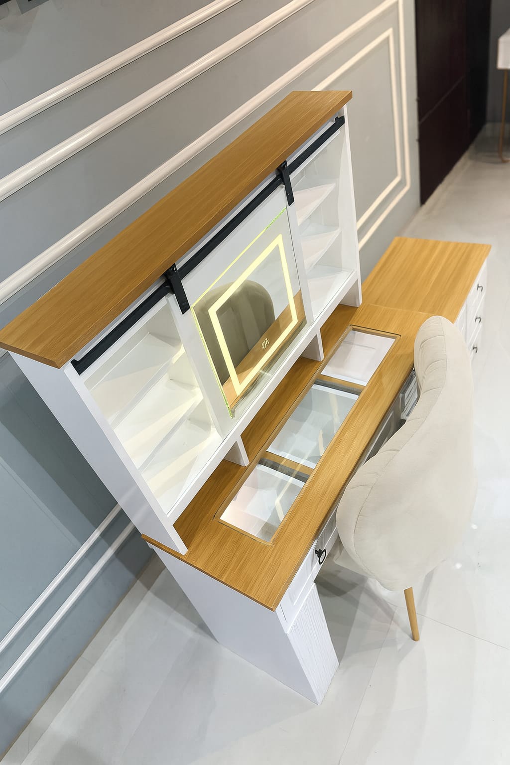 Modern White Wooden Dressing Table with LED Mirror & Storage Cabinet | Makeup Vanity Unit