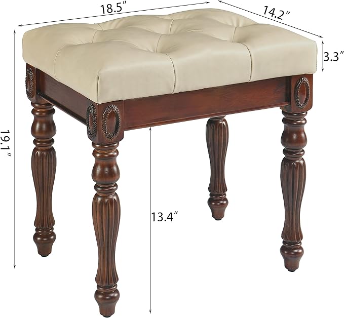 Piano Bench with Solid Wood Carving Legs, Home Chairs Button Breathing Leather Upholstered Seat, Easy Assembly, Cherry Walnut Leg & Beige FD1533BG