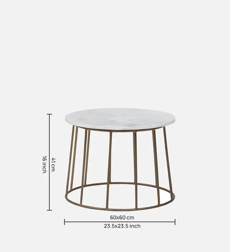 Metal Round Coffee Table In Brass Finish With Marble Top