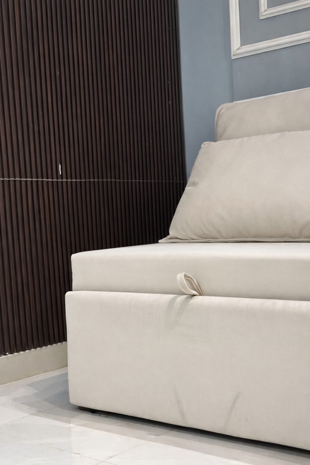 Premium Upholstered Sofa Cum Bed with Cushioned Backrest | Modern Space-Saving Fabric Sofa Bed