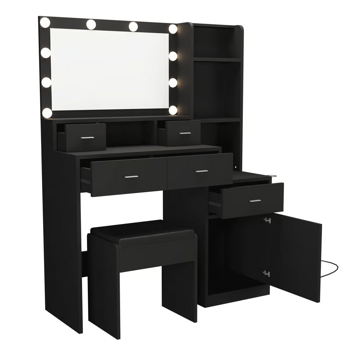 Bedroom Vanity Desk with Adjustable Mirror, 4 Drawers, 1 Cabinet & Storage Shelves