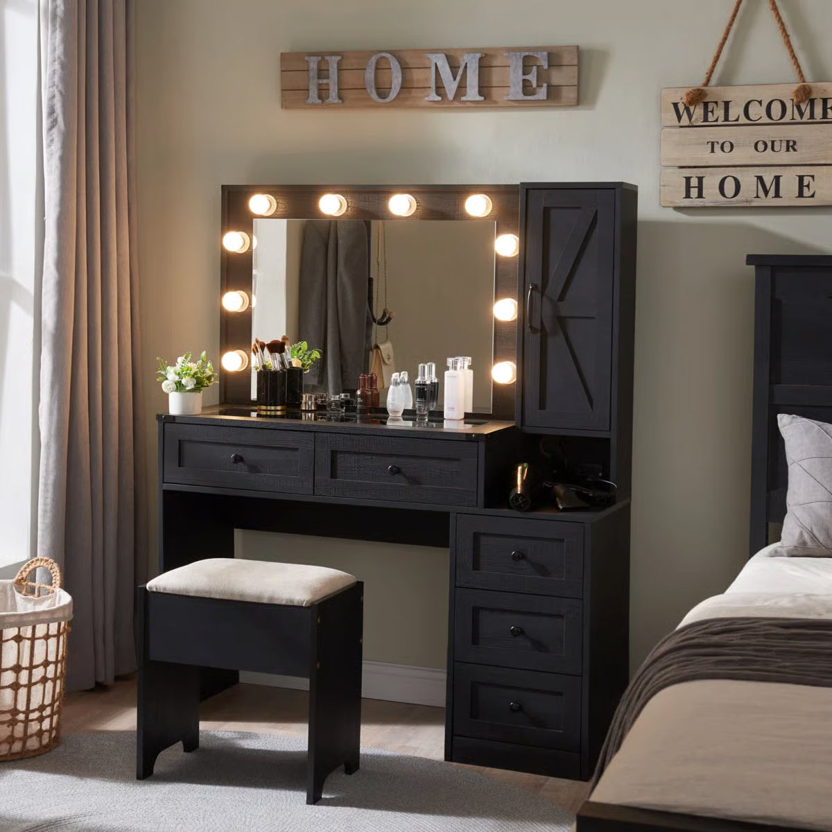 Farmhouse Vanity Makeup Desk – 43" Wide Desk, Drawers, Stool & Charging