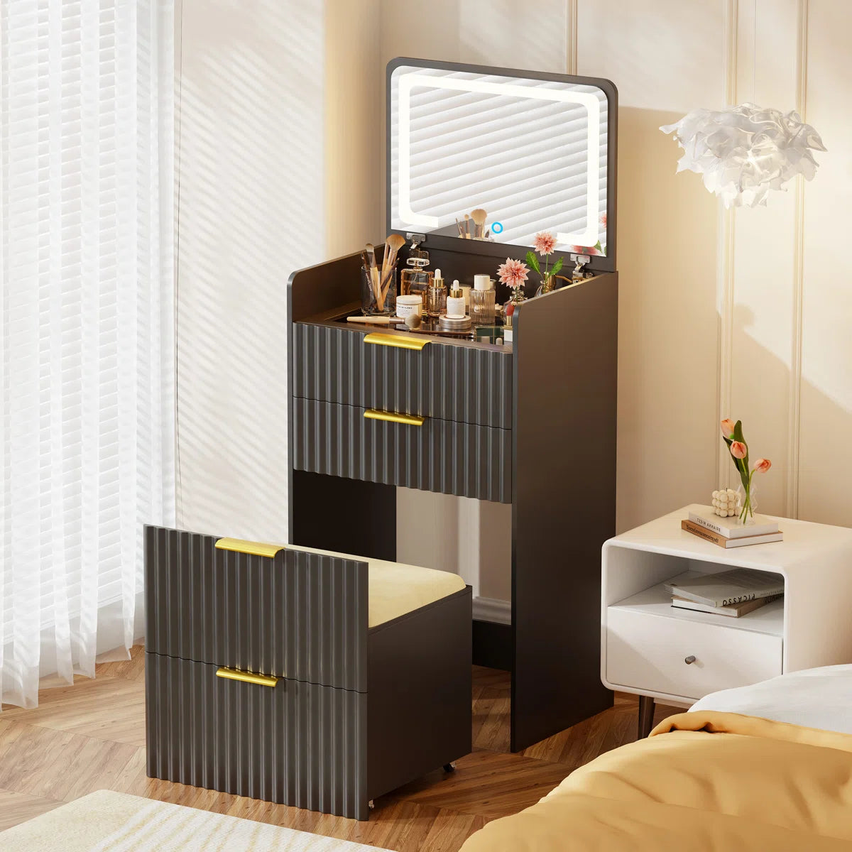 Makeup Vanity Desk with  2 Drawers, 1 Cabinet & Gold Legs