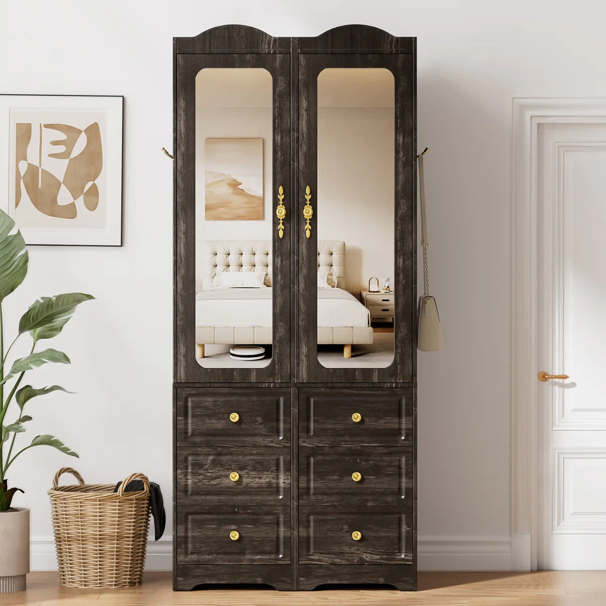 Large Armoire Wardrobe Closet 6 Drawers 2 Mirrors Hanging Rod with Sensor Lights
