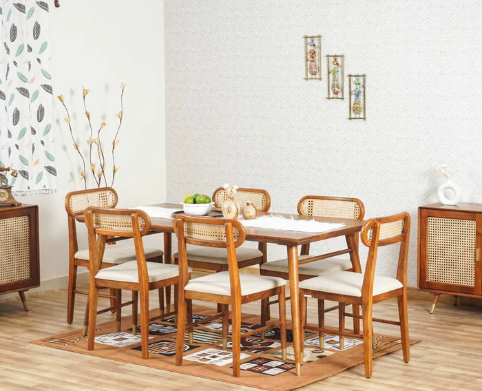 Hrisovalantis Solid Wood Rattan Cane Dining Table Six Seater Set