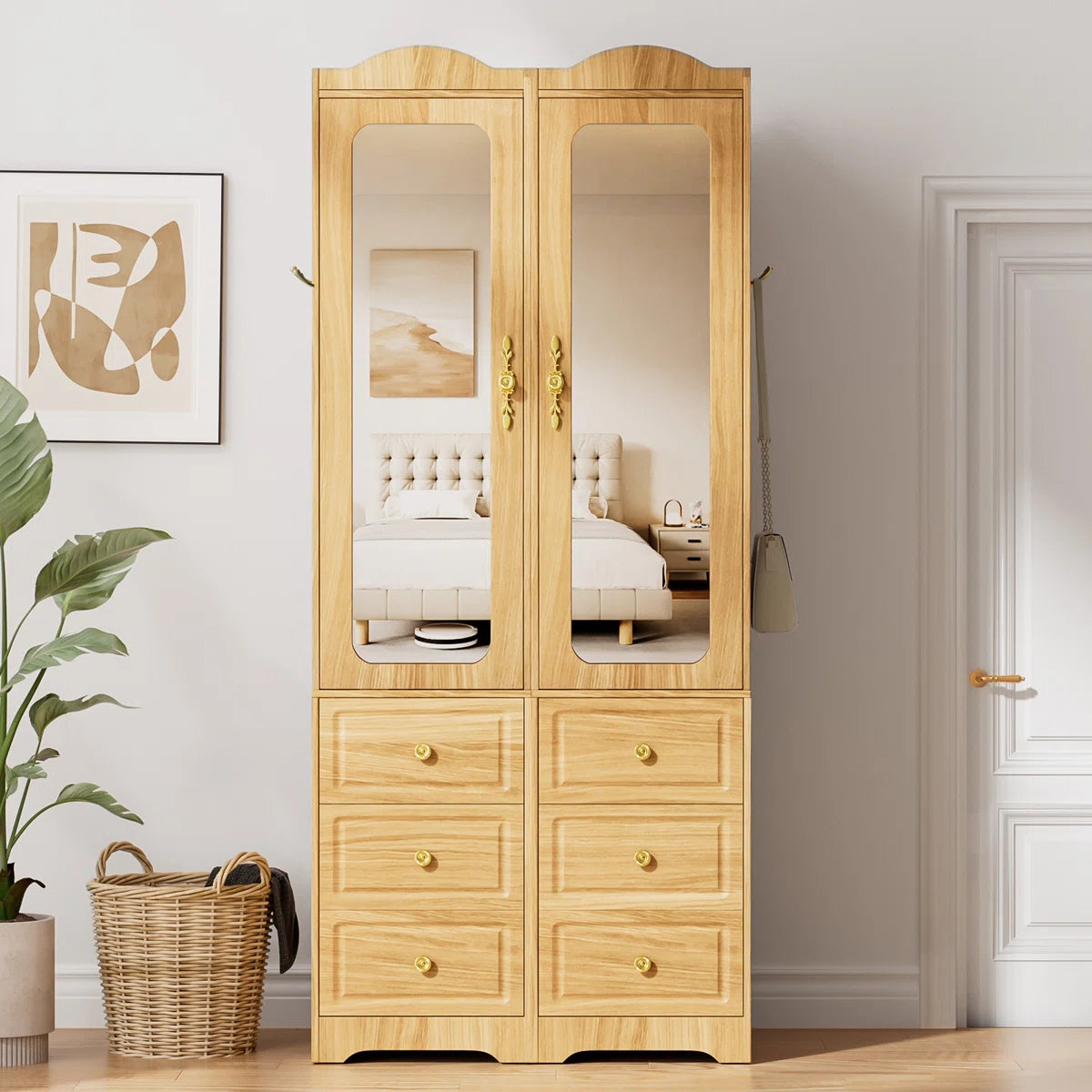 Large Armoire Wardrobe Closet 6 Drawers 2 Mirrors Hanging Rod with Sensor Lights