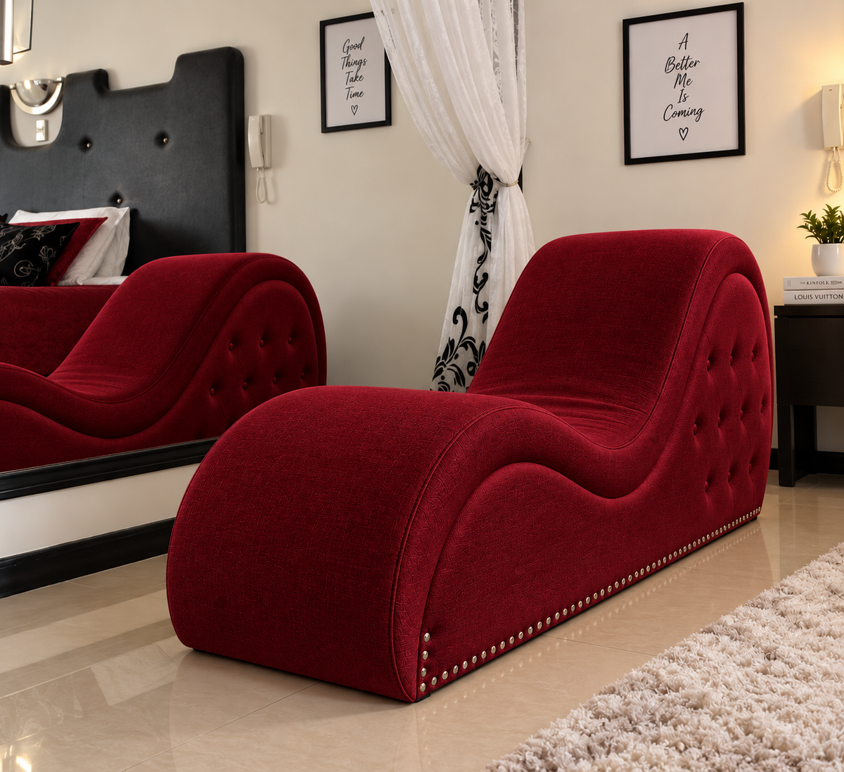 Luxury Dark Red Chaise Lounge | Modern Tufted Upholstered Bedroom Relaxation Sofa