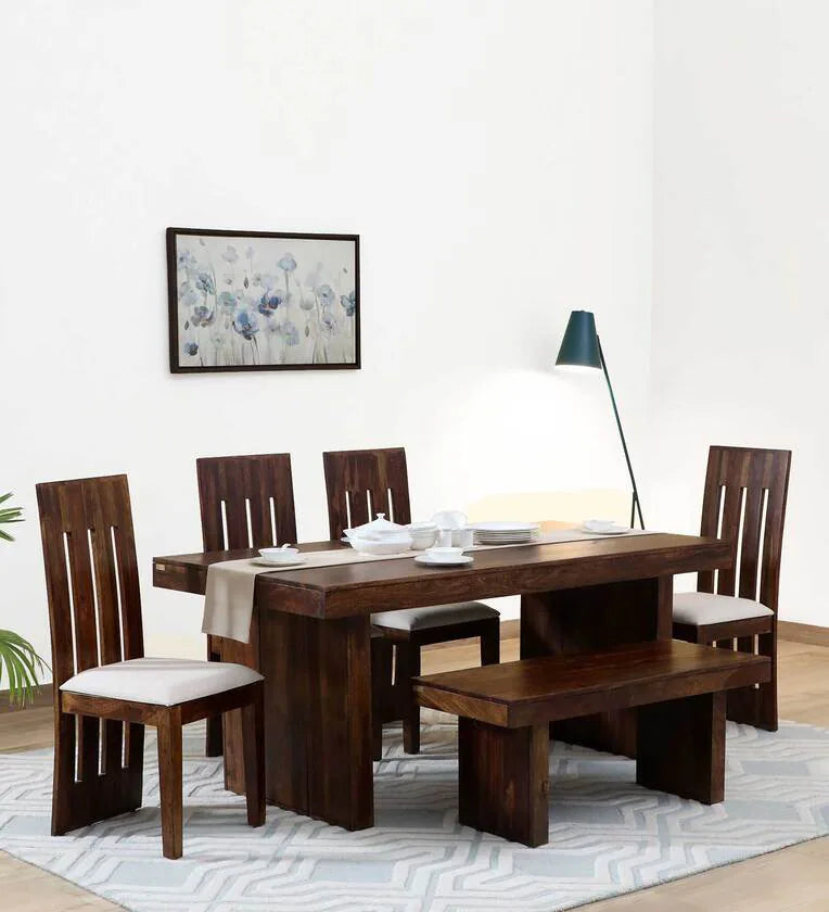 Sheesham Wood 6 Seater Dining Set In Scratch Resistant Provinical Teak Finish With Bench