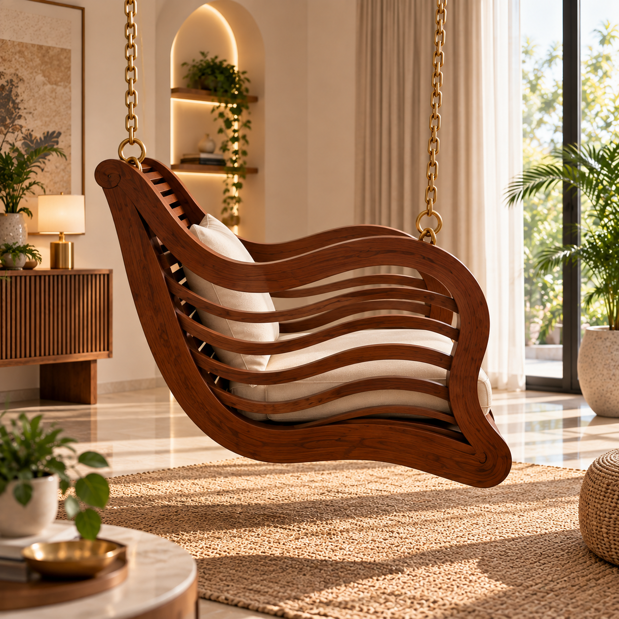 Premium Solid Wood Hanging Swing Chair with Cushion | Luxury Wooden Jhula for Living Room, Balcony & Indoor Spaces