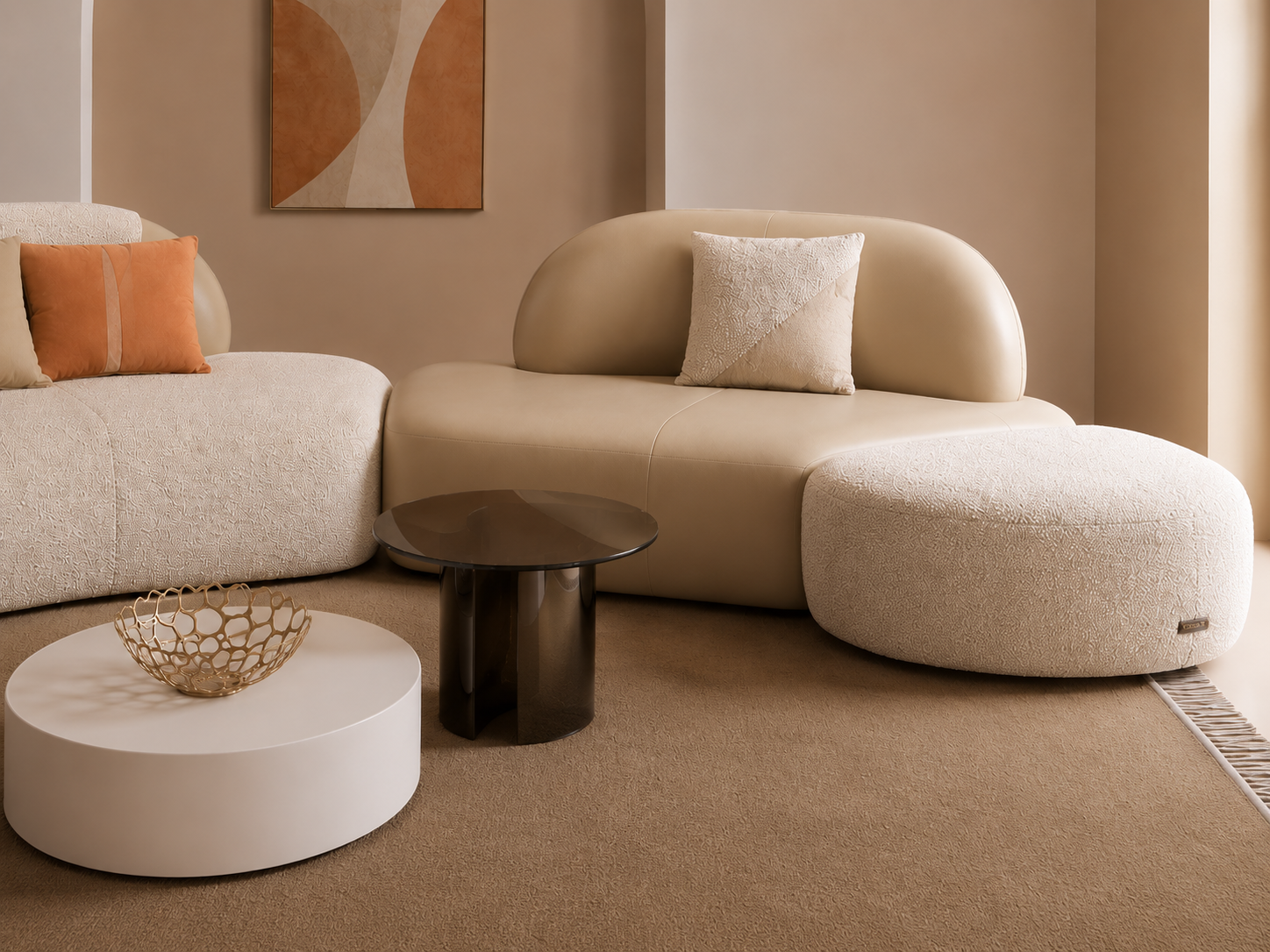 Modern Modular Bouclé Sofa Set | Luxury Curved Designer Lounge Sofa with Ottoman | Contemporary Upholstered Living Room Sofa