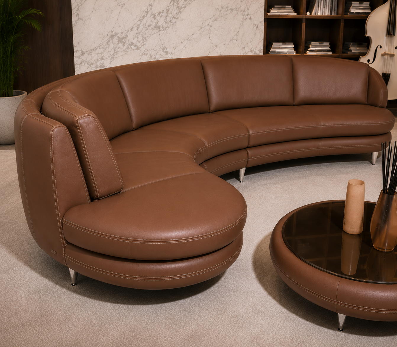 Modern Curved Leather Sectional Sofa Set for Living Room | Premium Brown Designer Corner Couch | Luxury Contemporary Lounge Sofa