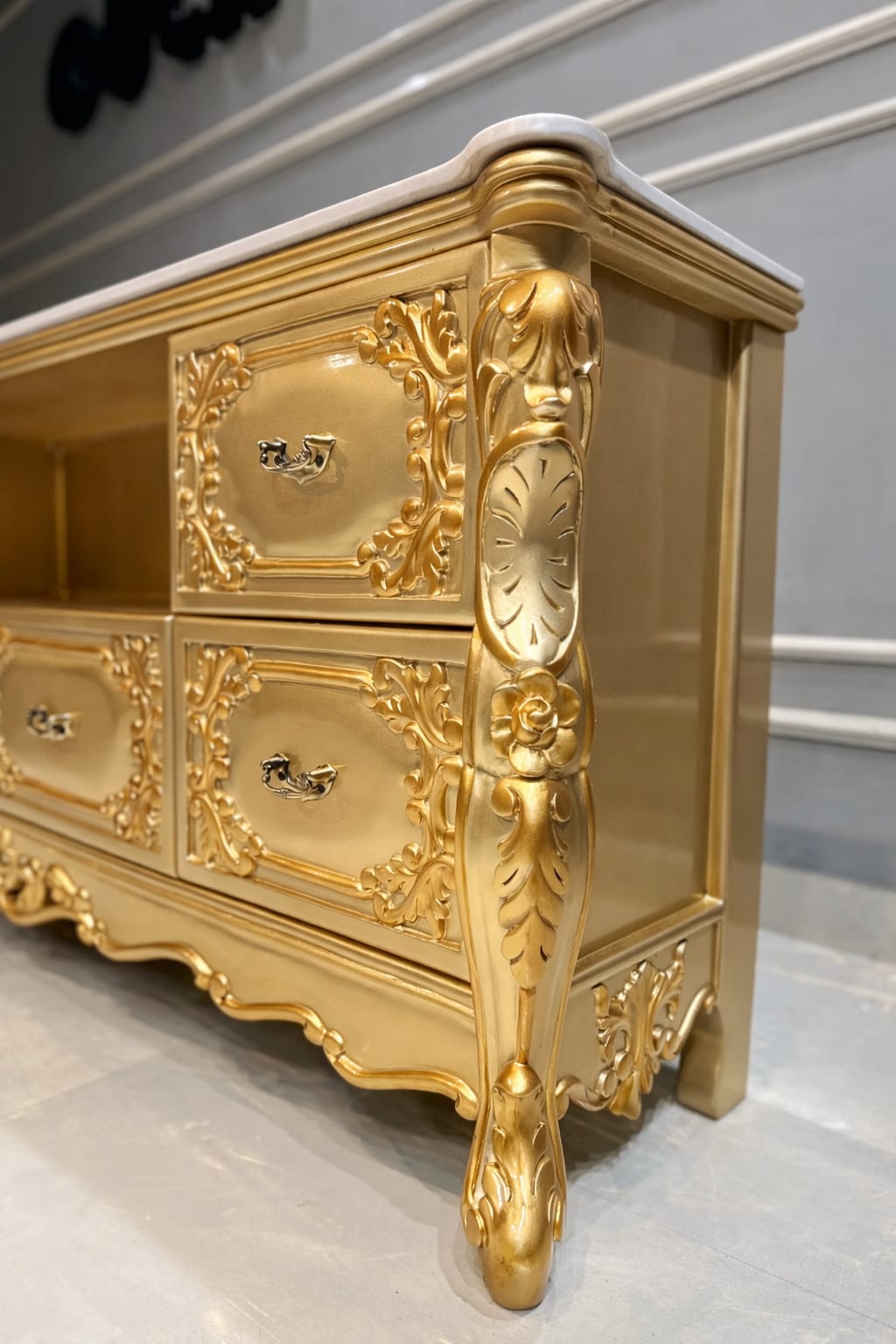 Luxury Royal Gold Finish TV Cabinet & Console Table with Storage Drawers