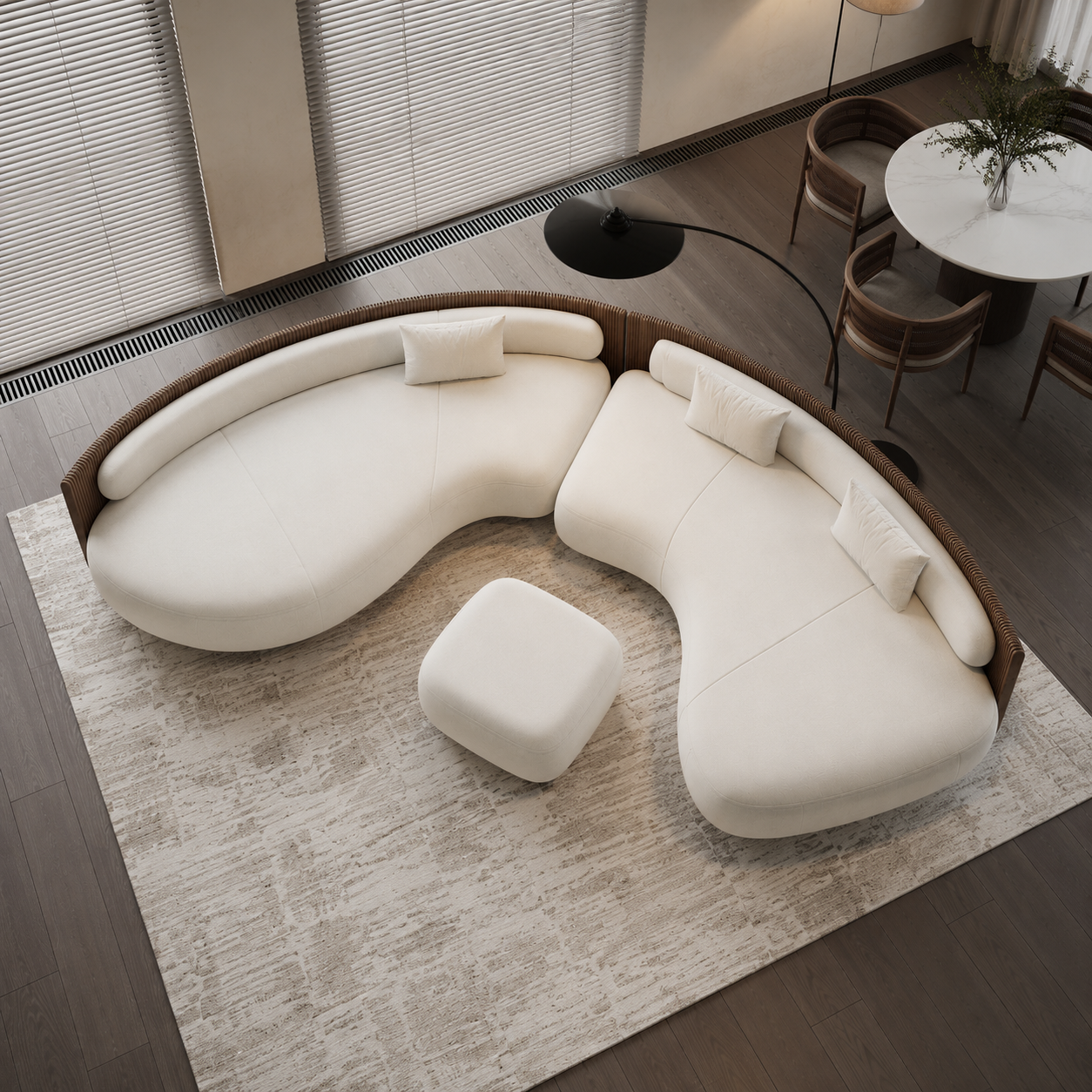 Modern Curved Sectional Sofa Set with Ottoman | Luxury Cream Upholstered Living Room Sofa
