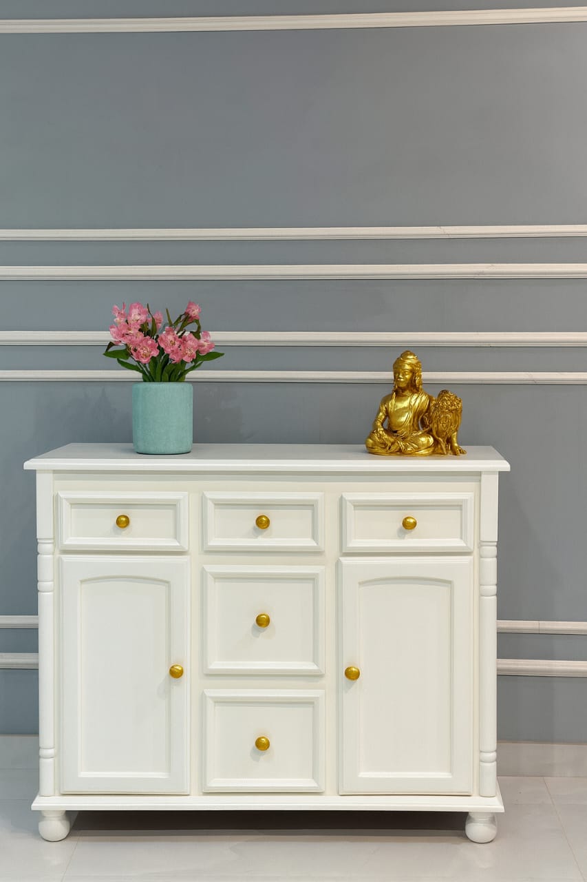 Elegant White Wooden Storage Cabinet with Drawers & Doors | Modern Console Sideboard