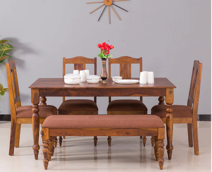 Elysia Solid Wood Six Seater Dining Set With Bench