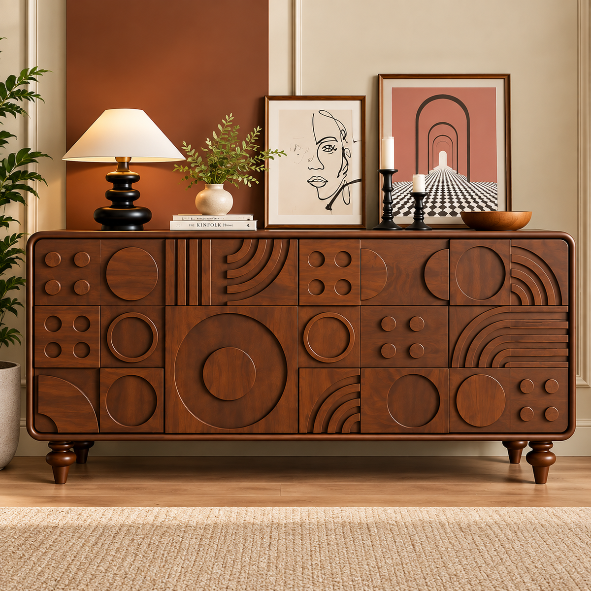 Solid Wood Sideboard Cabinet with Geometric Carved Design